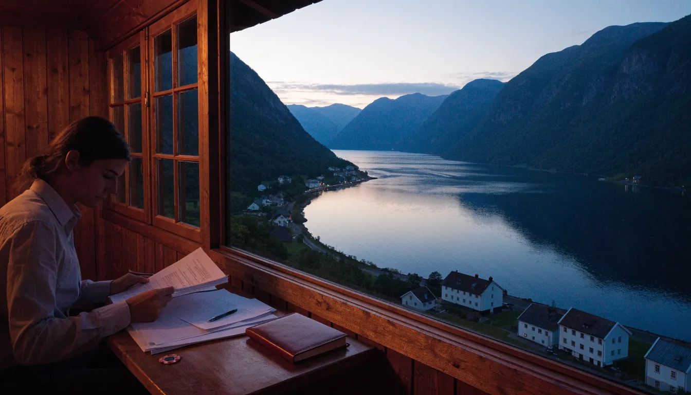 Person ved skrivebord i norsk hytte med utsikt over fjord, vurderer casinotilbud
