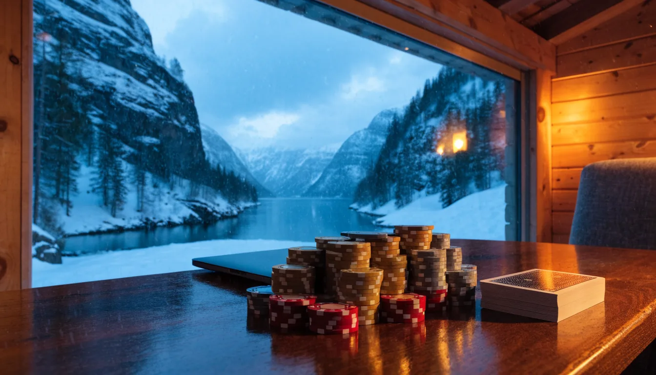 Casinochips og kort på bord i norsk hytte med fjordutsikt