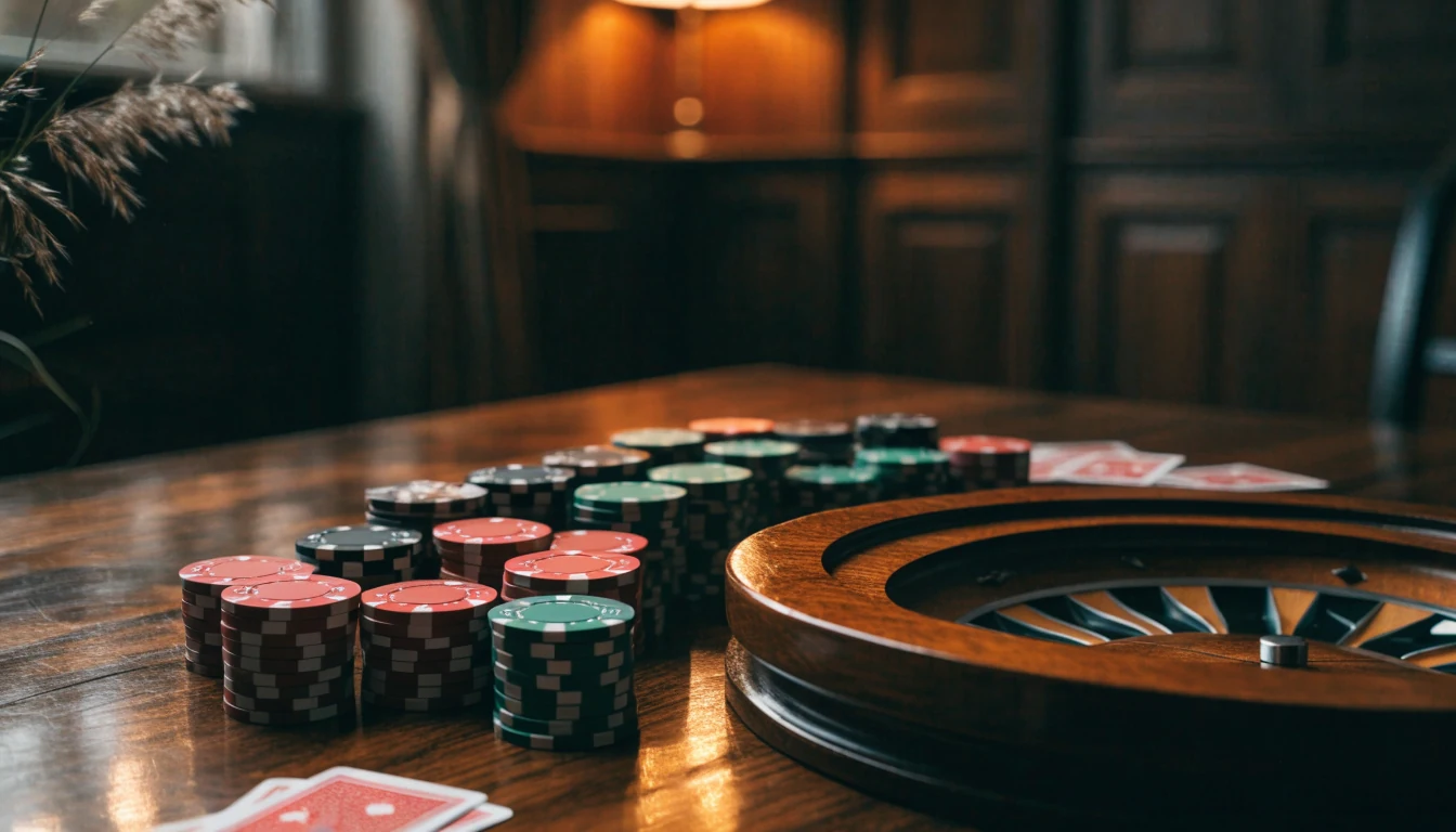 Casinochips, rulett og kort på trebord i norsk stue