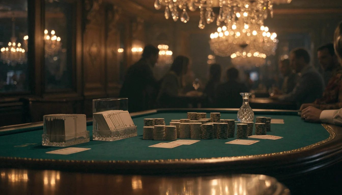 Elegant baccarat-bord i et luksuriøst casino med sjetonger og kort