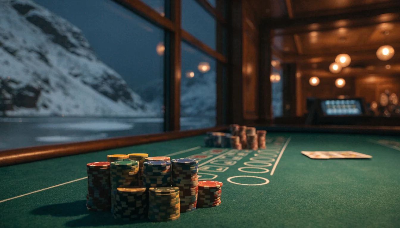 Elegant blackjack-bord med jetonger og kort i norsk casino atmosfære