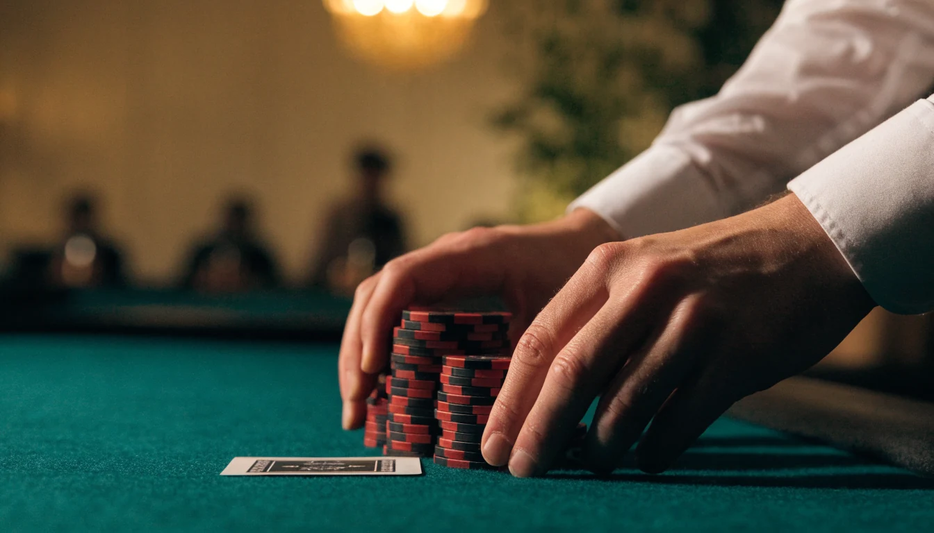 Kortspillbrikker og et spillkort på et casino-bord