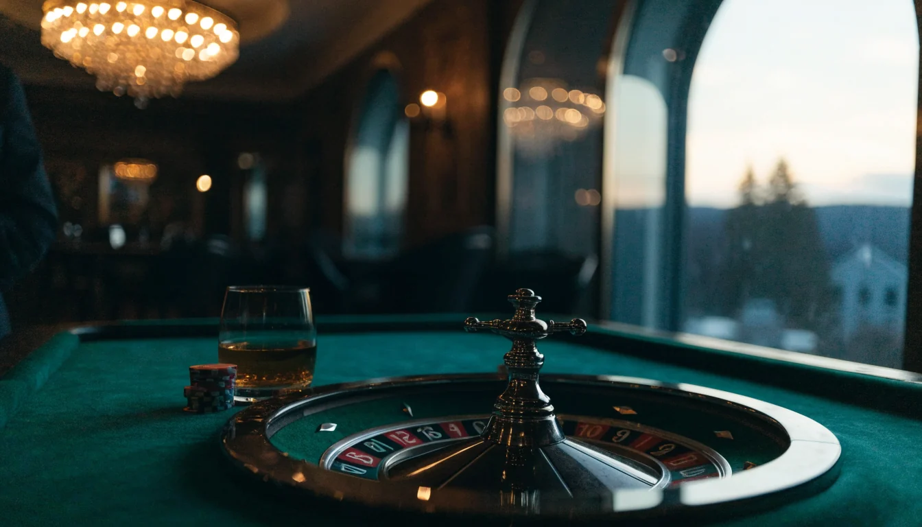 Elegant roulettehjul på et casino-bord med jetonger og et glass