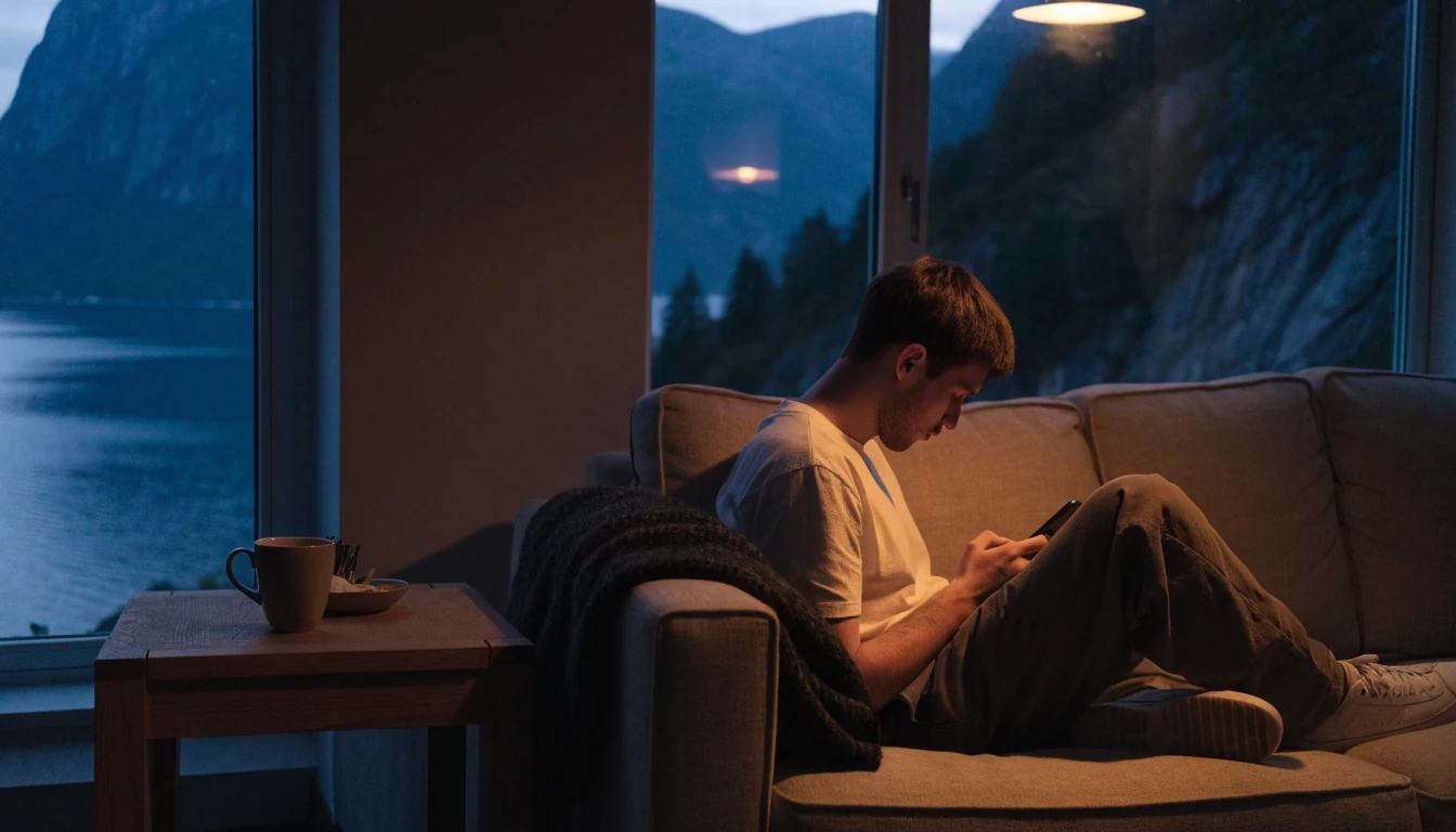 Mann i norsk stue som holder en telefon ved skumring