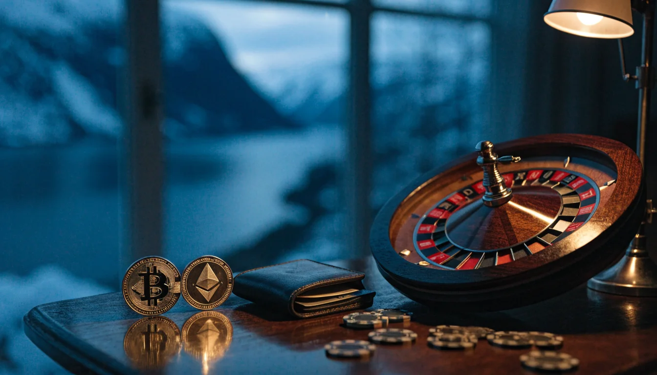 Kryptovaluta-mynter, casinobrikker og rulett på et norsk bord