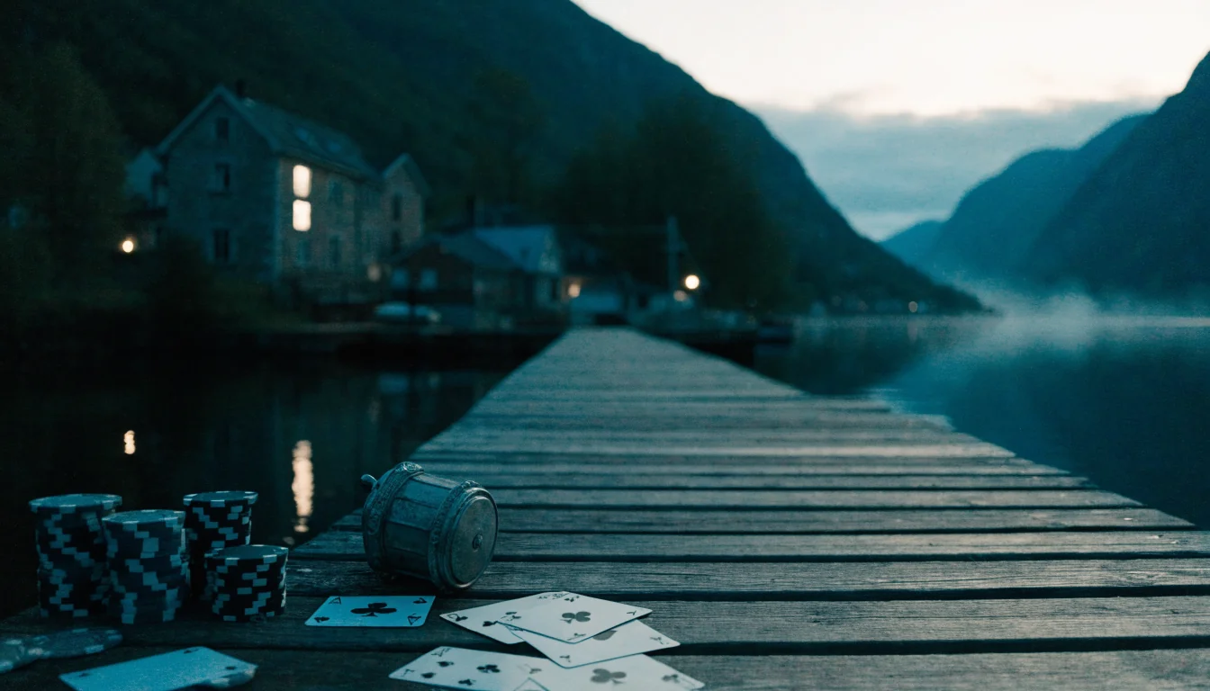 Stemningsfull norsk kystscene ved skumring med spillekort og jetonger på en brygge