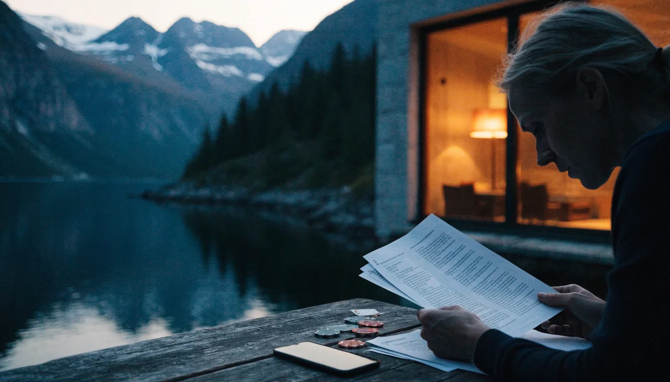 Norsk fjord ved skumring med notater og casinogjenstander på bordet