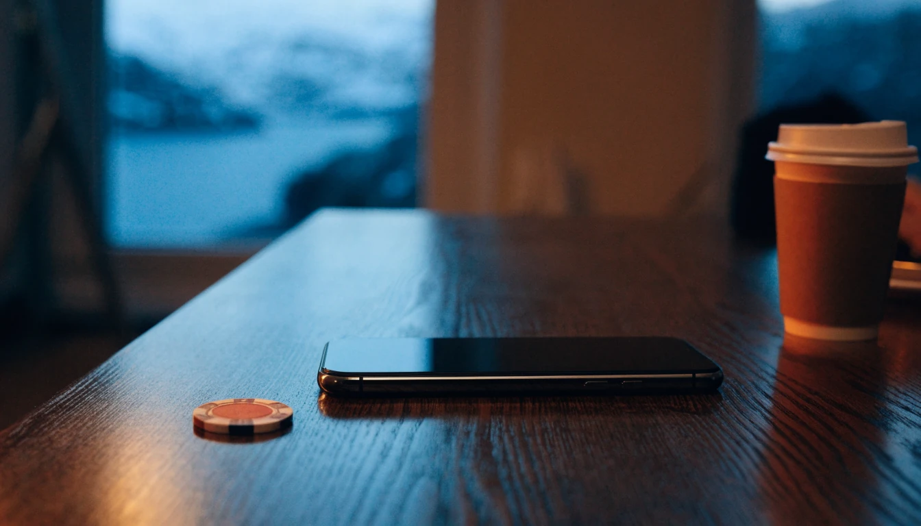 Mobiltelefon vendt ned på et mørkt trebord med fjordutsikt i bakgrunnen.