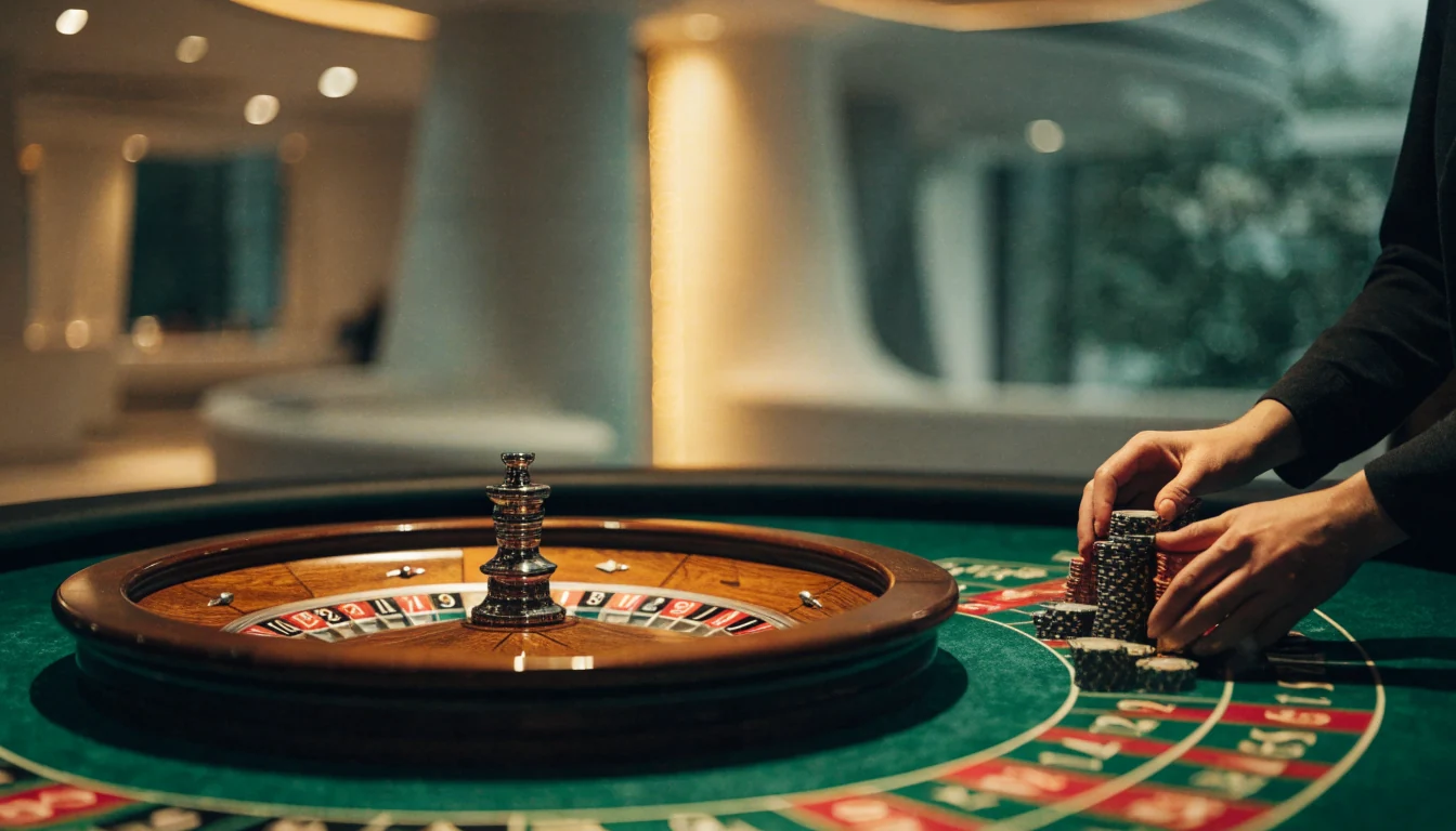 Elegant roulettebord med hjul og jetonger i et eksklusivt live casino