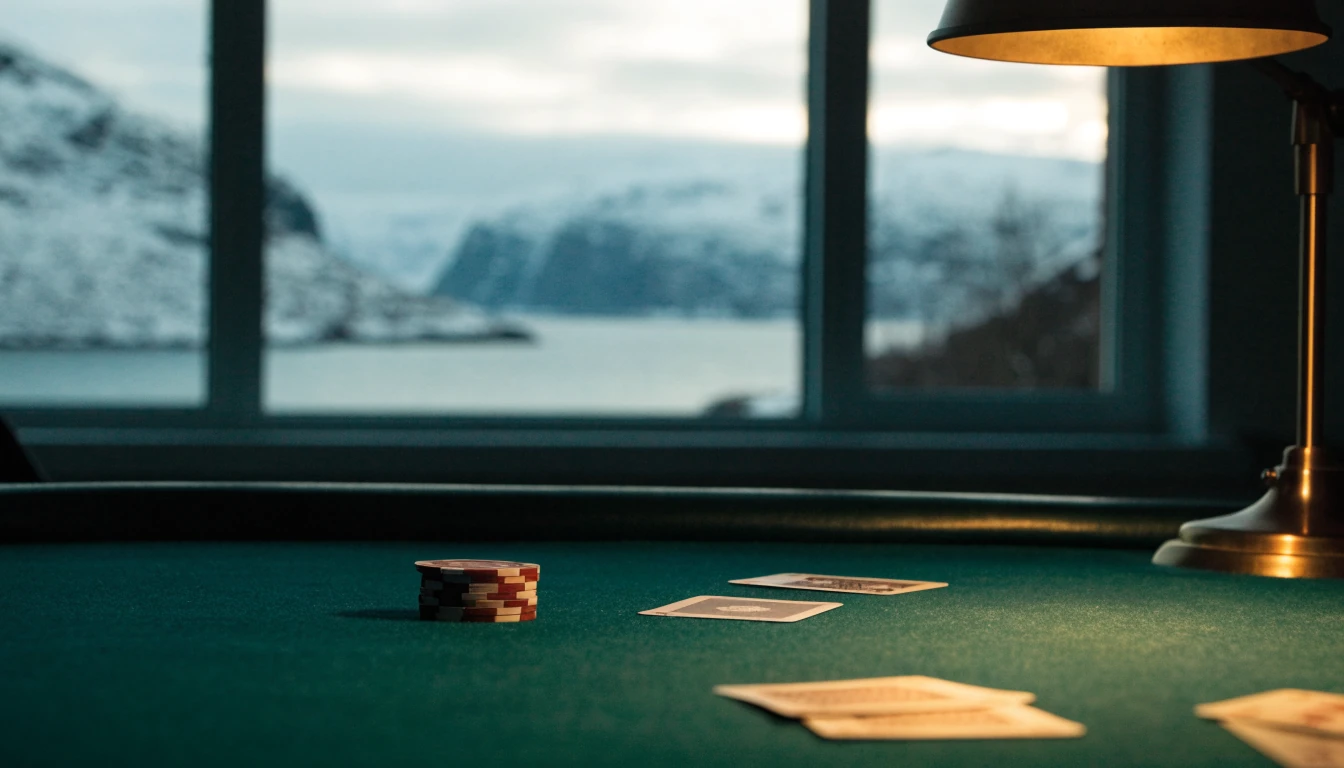 Blackjack-bord med kort og jetonger mot norsk fjordlandskap i bakgrunnen