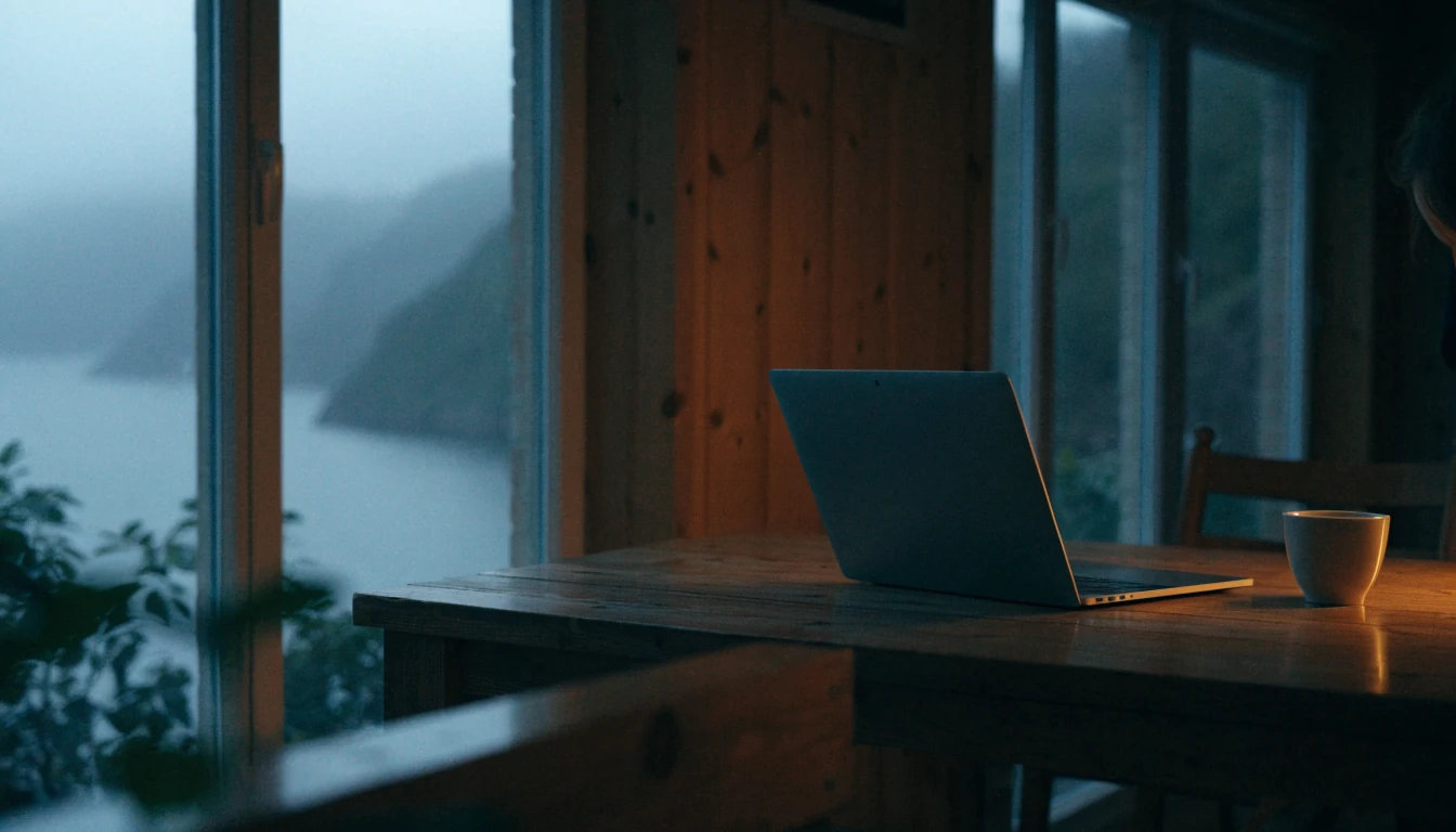 Bærbar PC på trebord i norsk hytte med utsikt over tåkete fjord