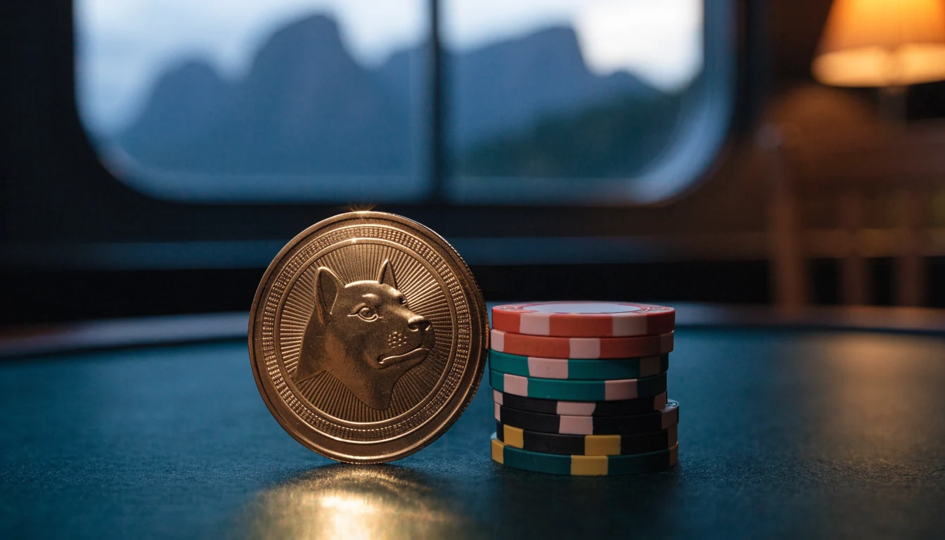 Dogecoin-mynt på casinobord med fjordbakgrunn i Norge