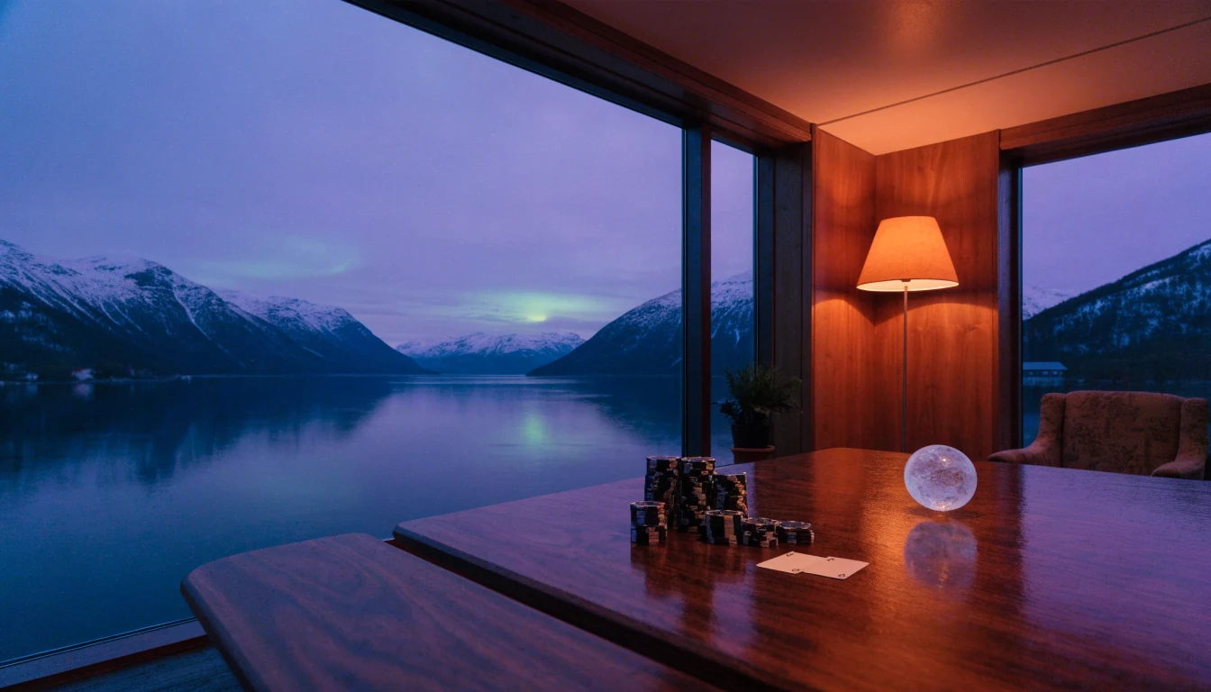 Ethereum-symbol over et casino-bord med fjord-utsikt i Norge