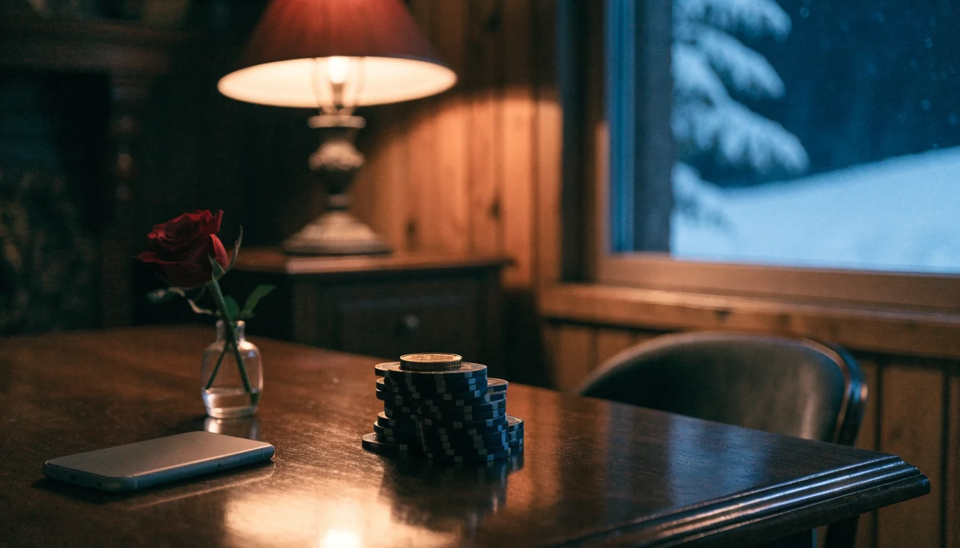 Stabel med casinobrikker og en mynt på et bord i en koselig norsk hytte om kvelden.