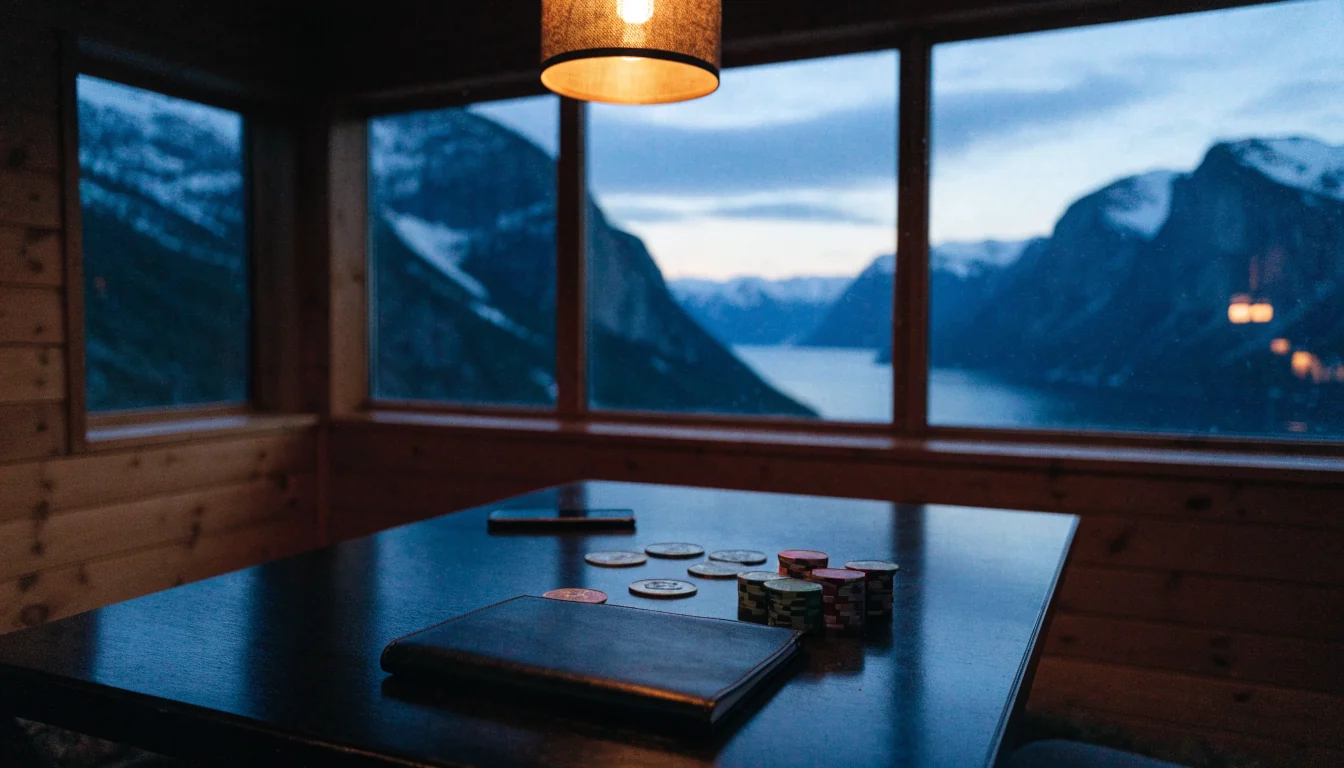 Moderne norsk hytte med kryptomynter og casinobrikker ved fjord i skumring