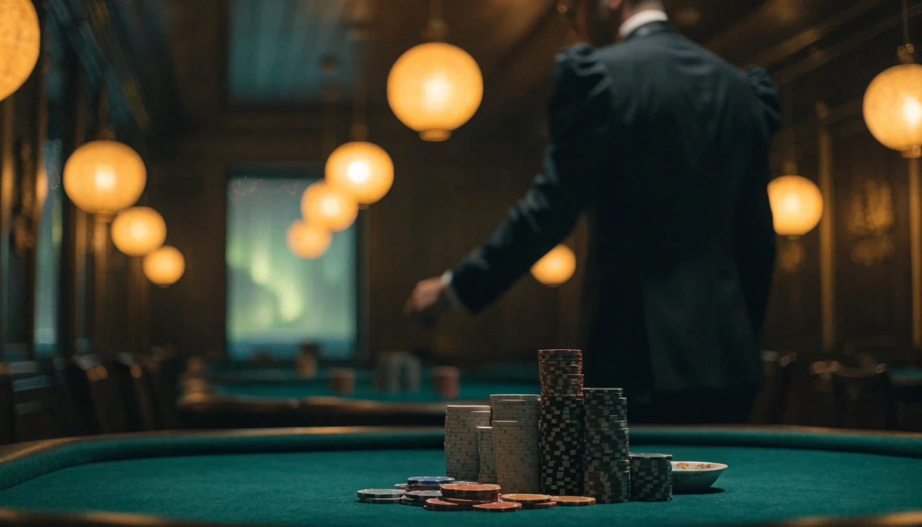 Elegant casinobord med jetonger under varm belysning