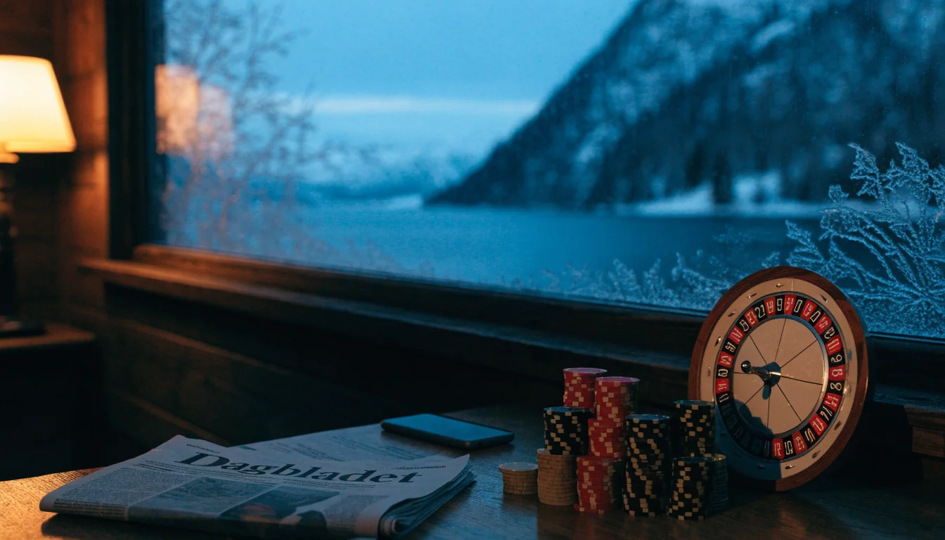 Casinochips og rulett på trebord i norsk hytte