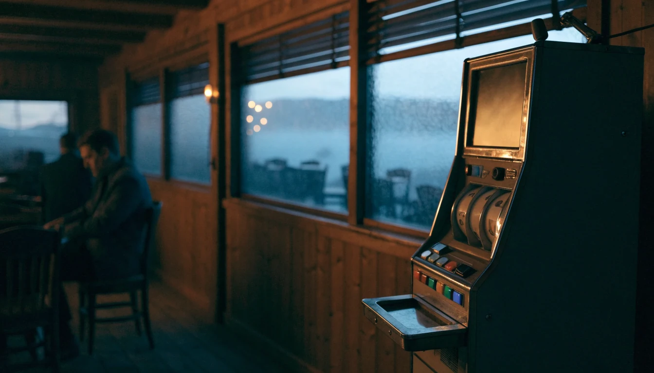 Koselig norsk pub med spilleautomat i hjørnet og fjordutsikt