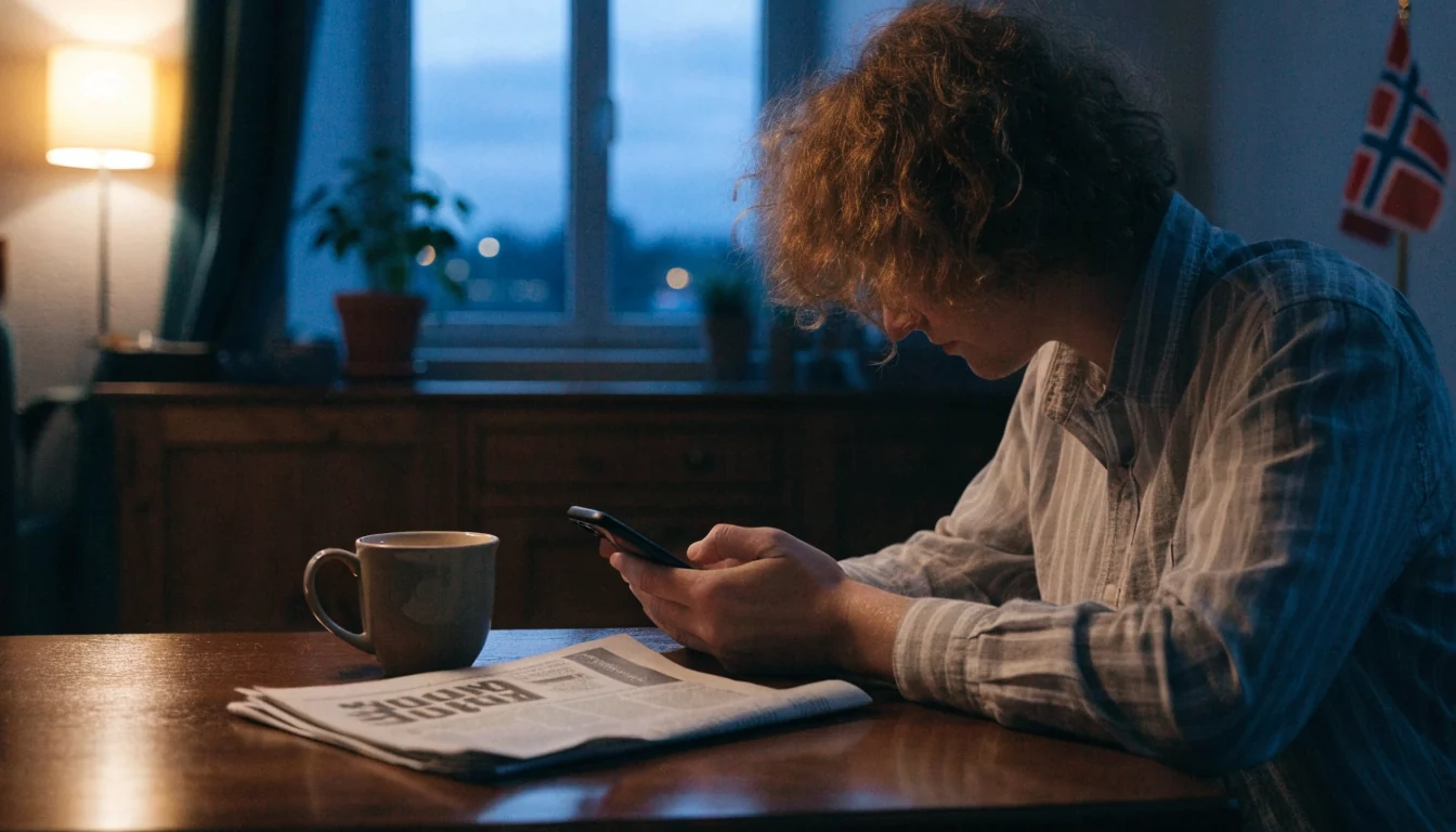 Person med telefon i norsk stue ved skumringstid