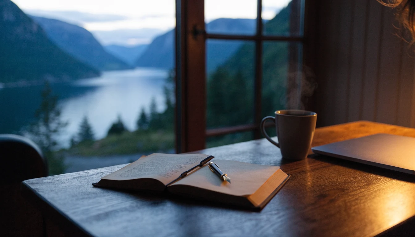 Skrivebord med notatbok og kaffekopp ved vindu mot norsk fjord