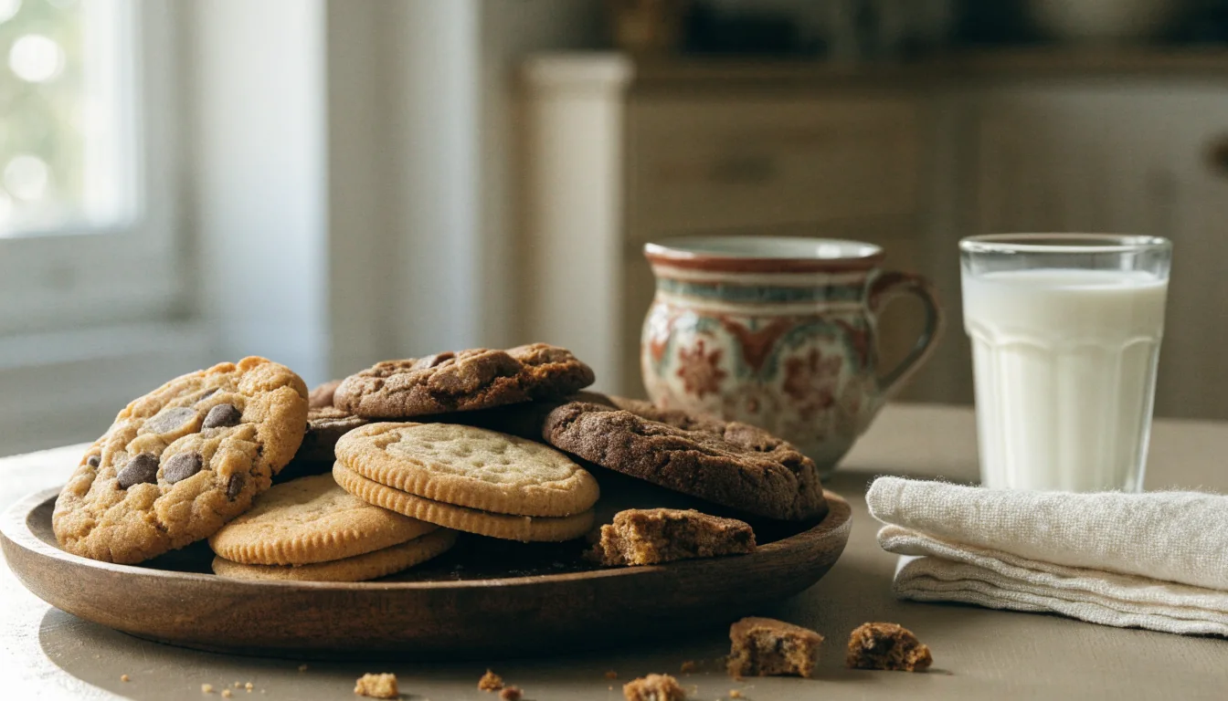 Ferske informasjonskapsler på en tre tallerken med melk og en norsk keramisk kopp