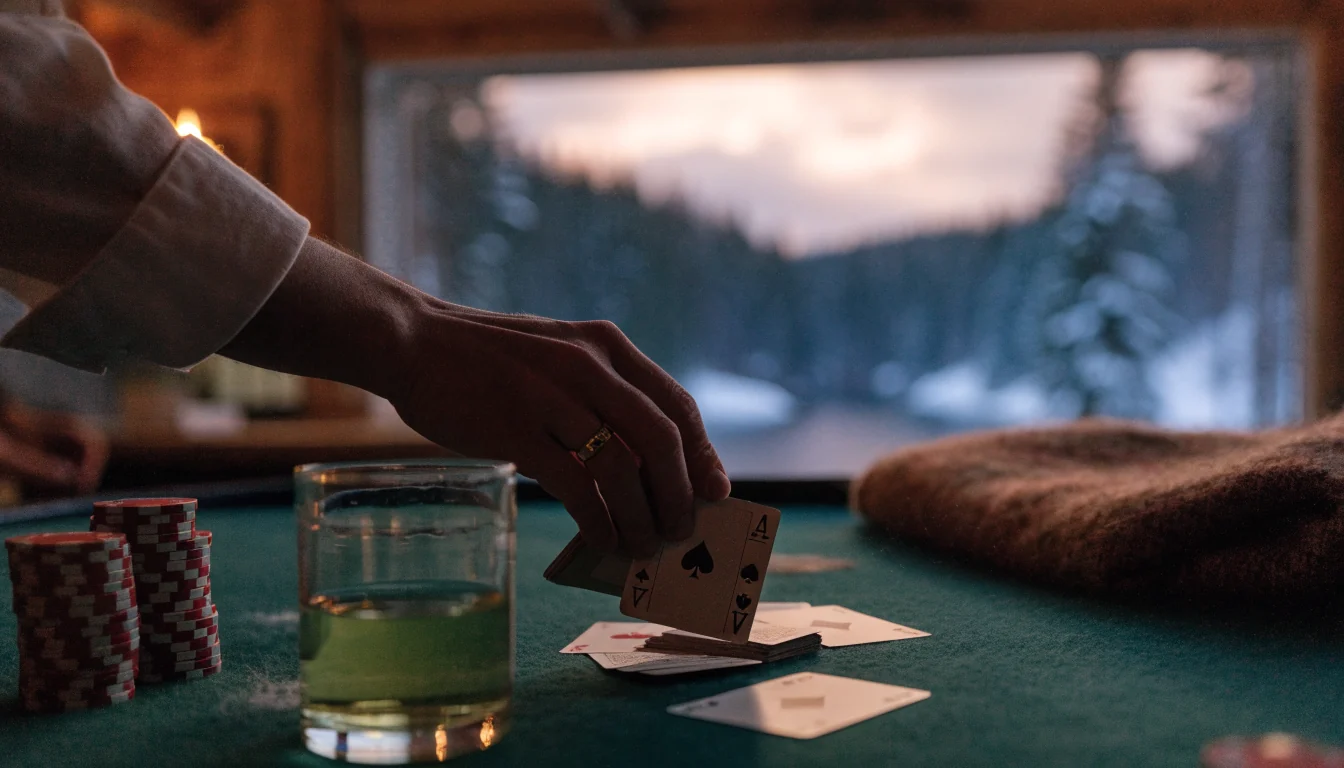Kortspill blackjack på trefat i en koselig norsk hytte med fjord i bakgrunnen