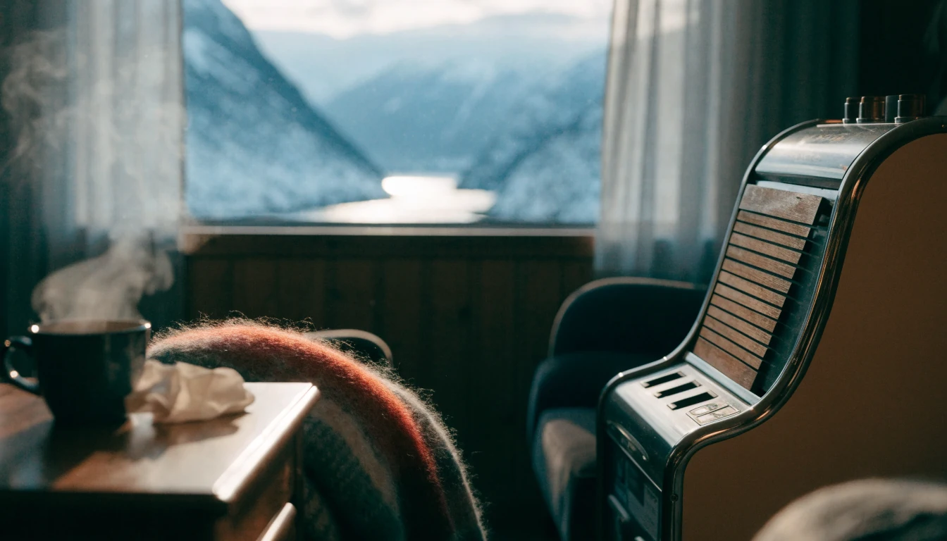 Norsk stue med en klassisk spilleautomat og utsikt over fjord