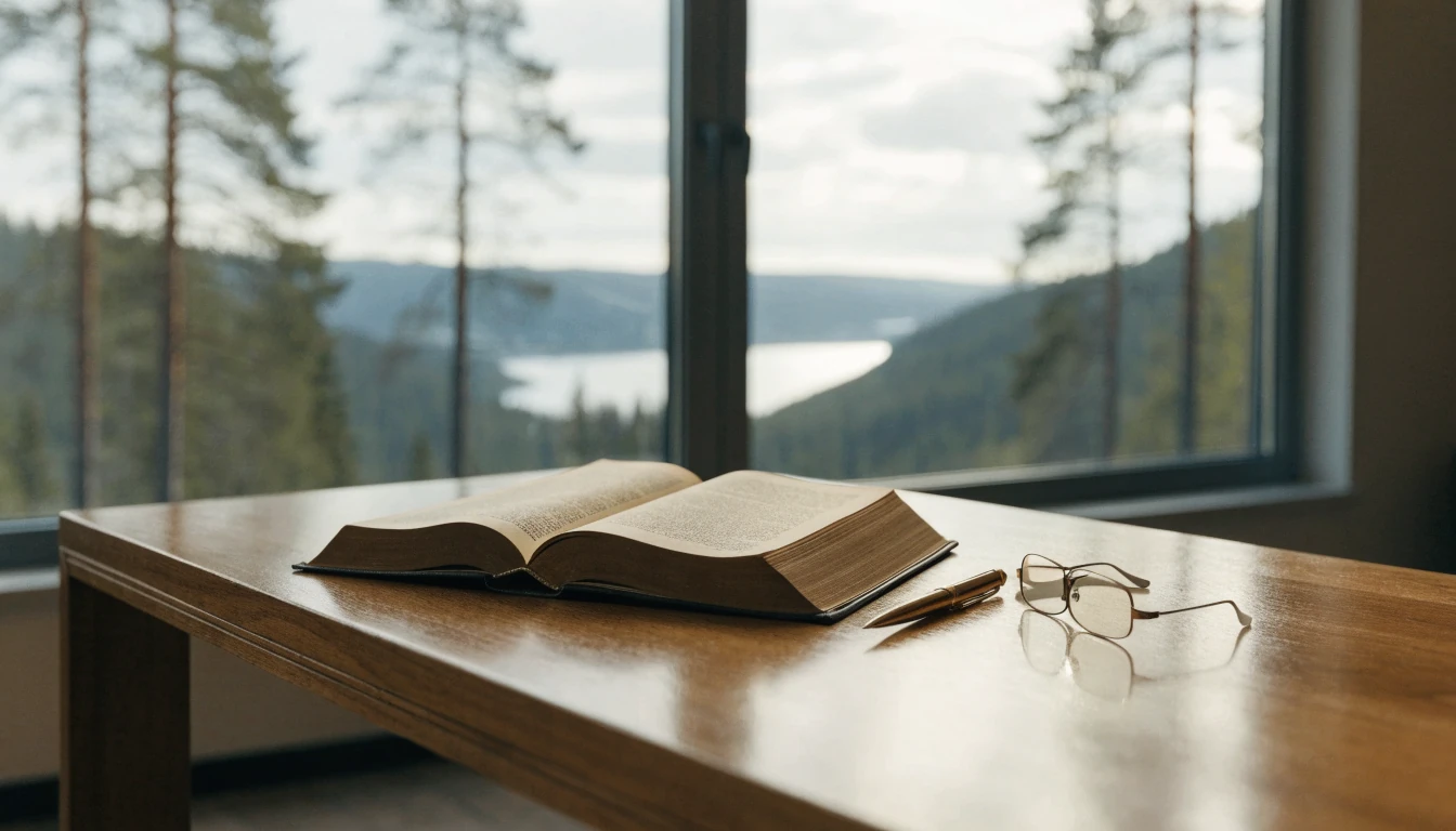 Skandinavisk juridisk kontor med åpen lovbook på skrivebordet