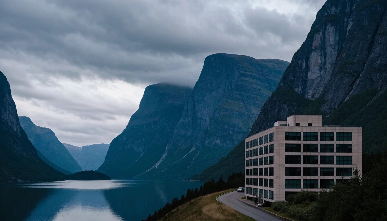 Norsk fjordlandskap med moderne offentlig bygg i forgrunnen