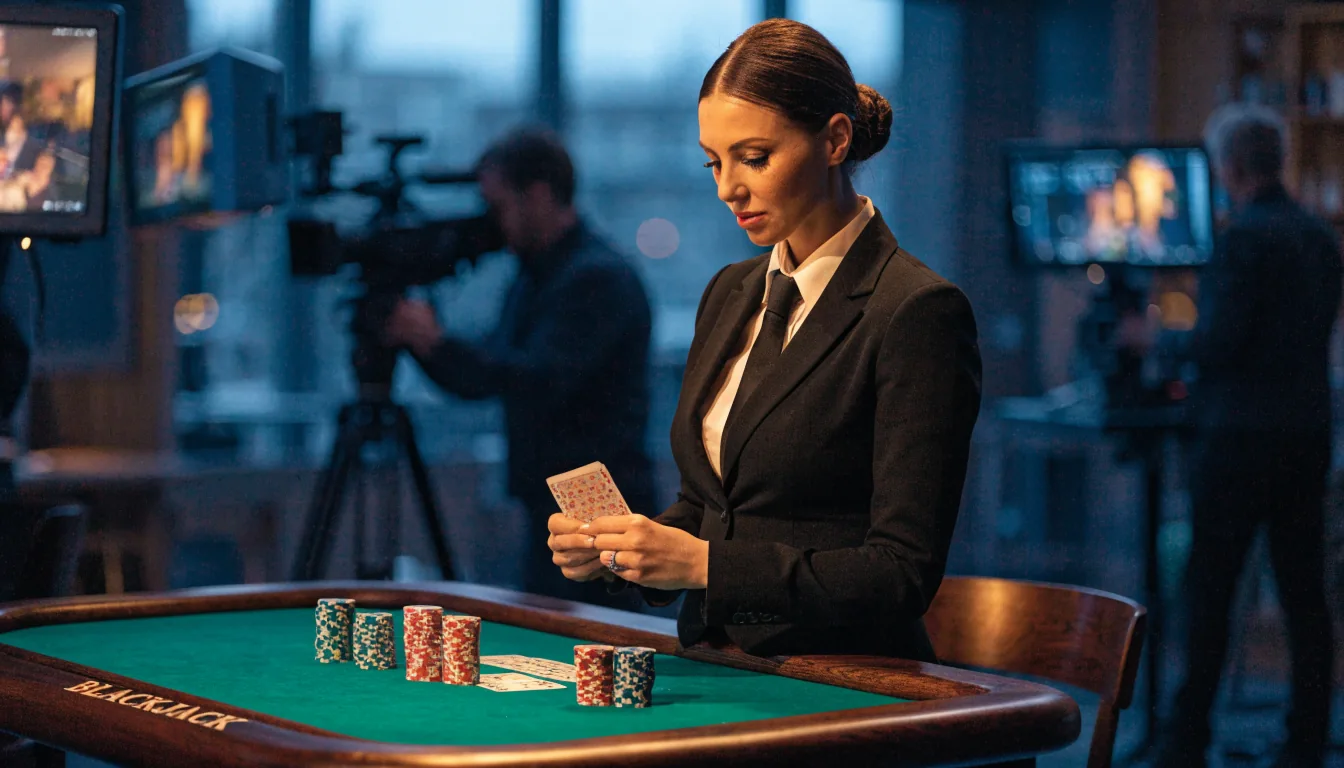 Livedealer bakom et blackjackbord i et moderne studio