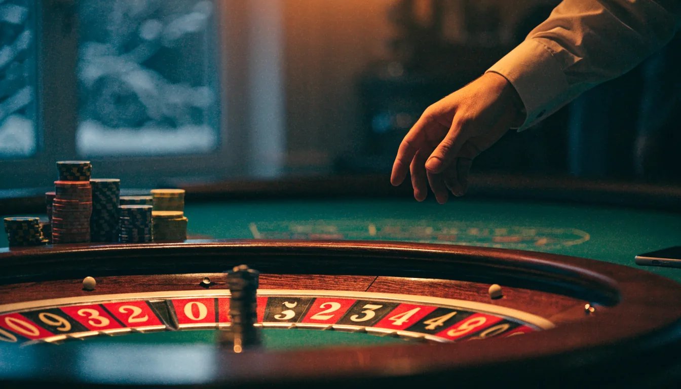 Elegant roulette-bord i et dempet studio med jetonger og snurrende hjul