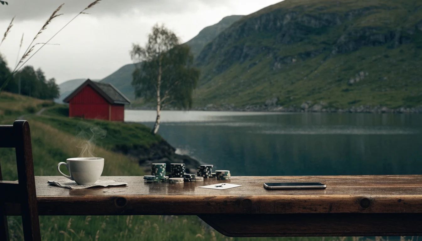 Norsk fjordlandskap med casinospilltilbehør på et trebord