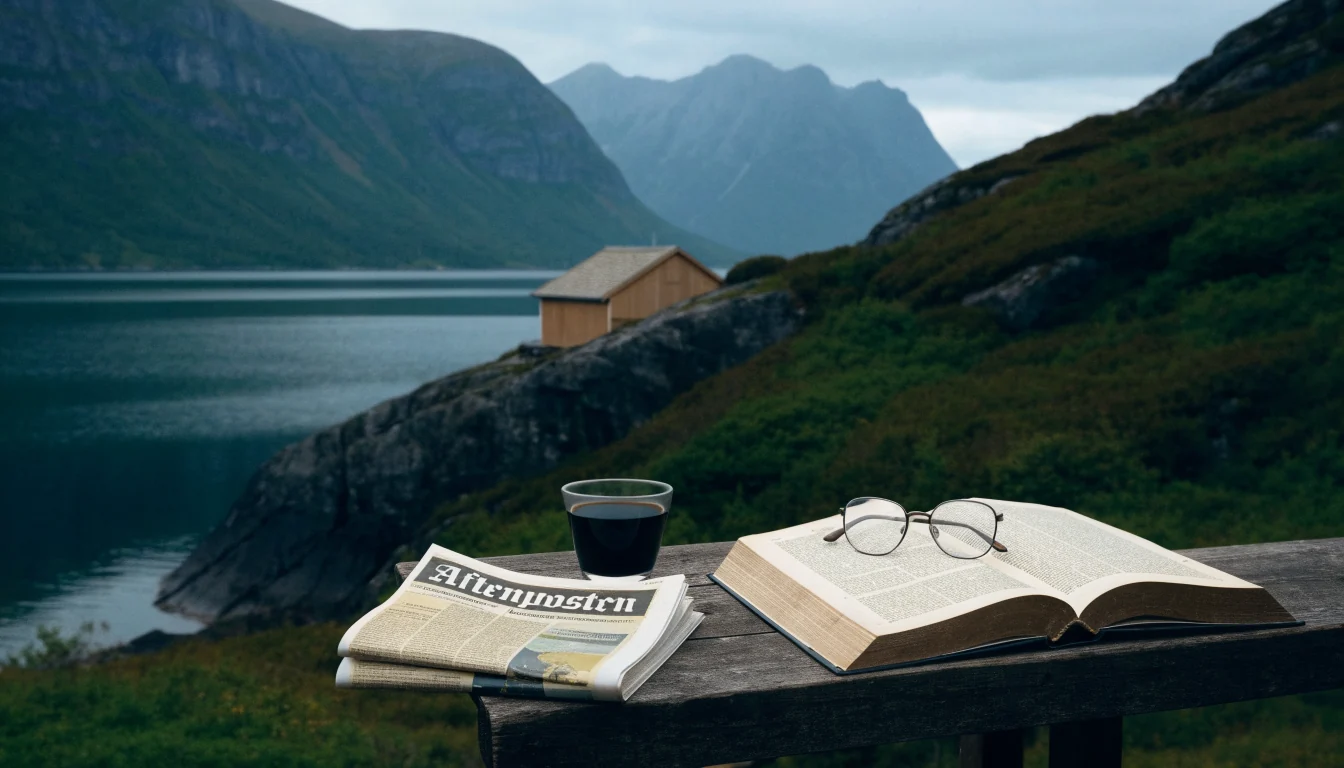 Norsk fjord med åpen lovtekst og kaffekopp