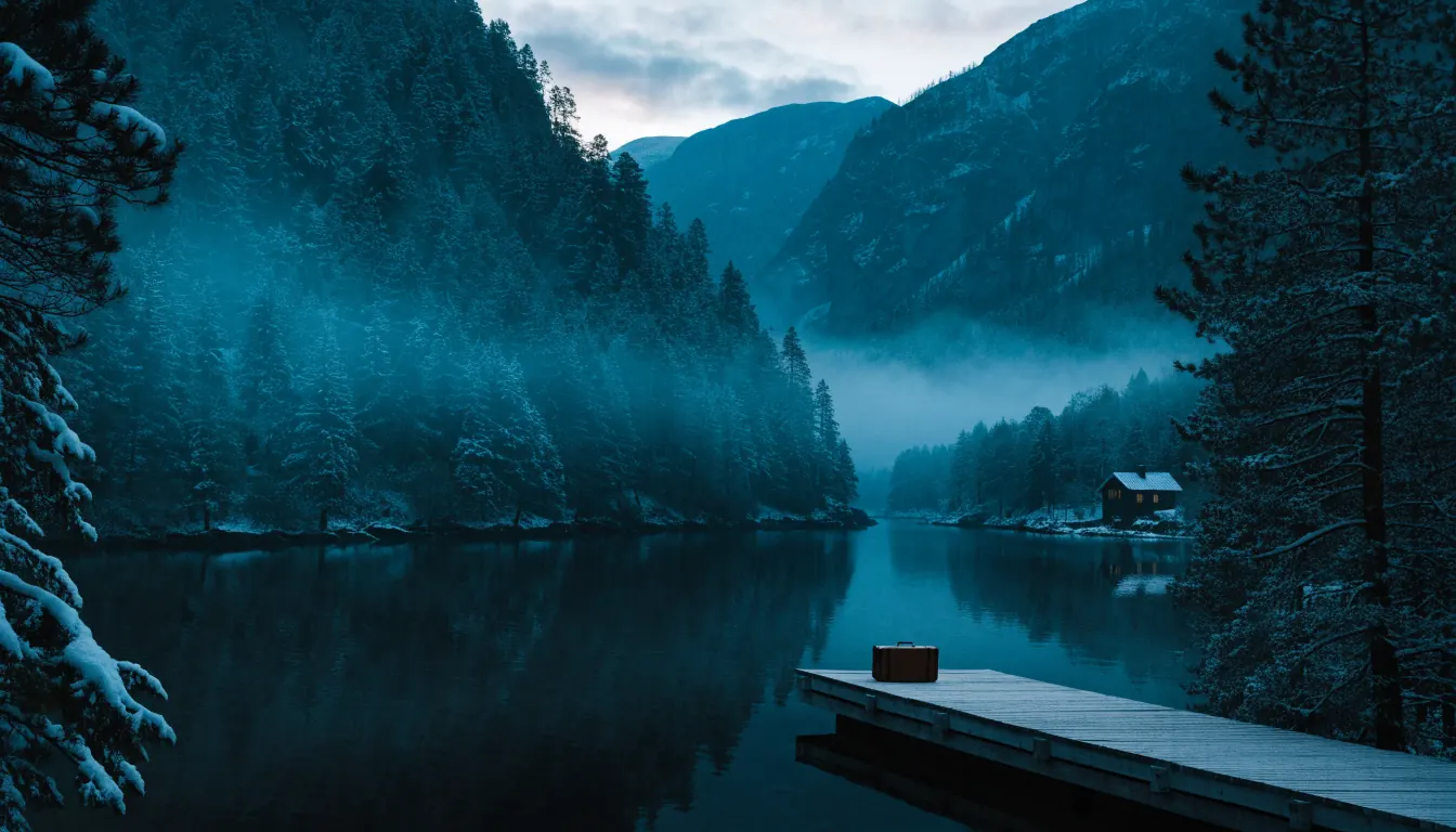 Stille norsk fjord ved skumring med brygge og tåkefulle fjell