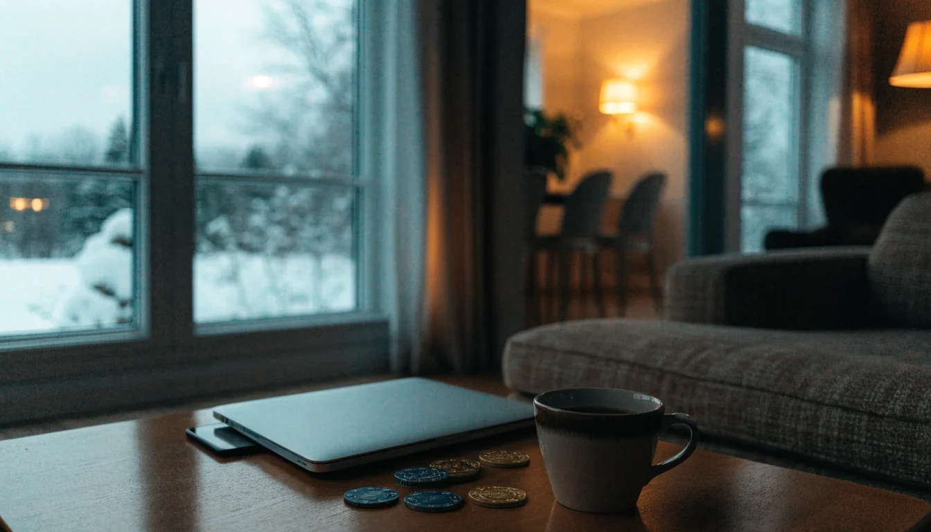 Stengt laptop og casinojetonger på stuebord i et norsk hjem