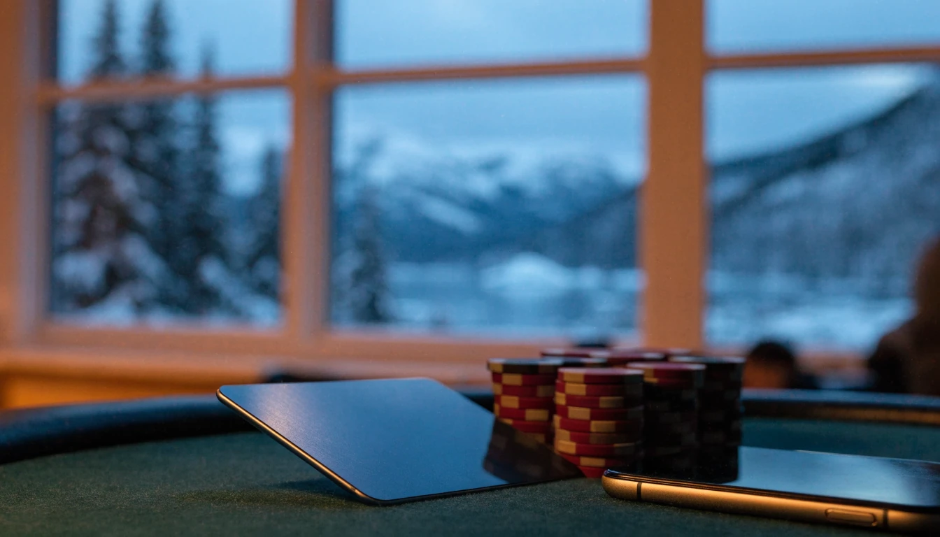 Betalingskort og casinobrikker på filtbord med norsk vinterlandskap i bakgrunnen
