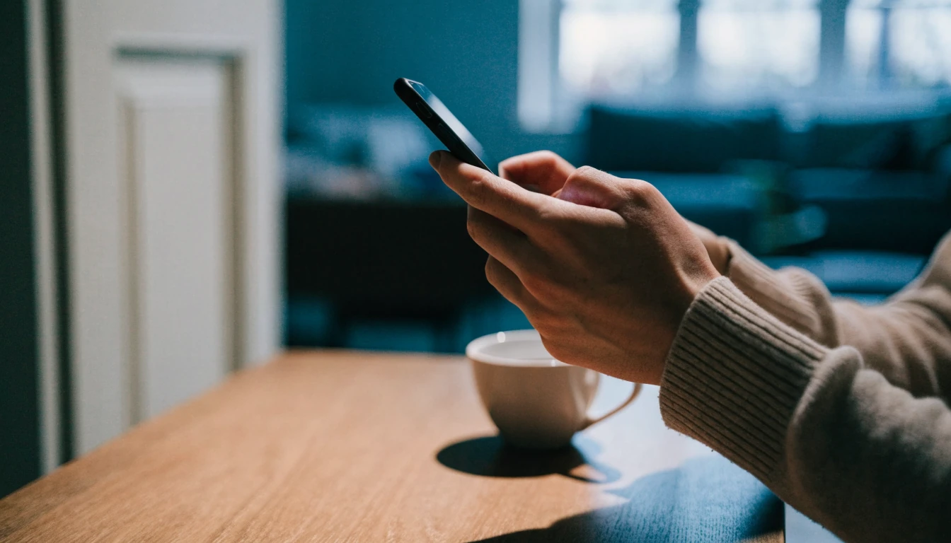 Mann holder mobiltelefon i et moderne norsk hjem