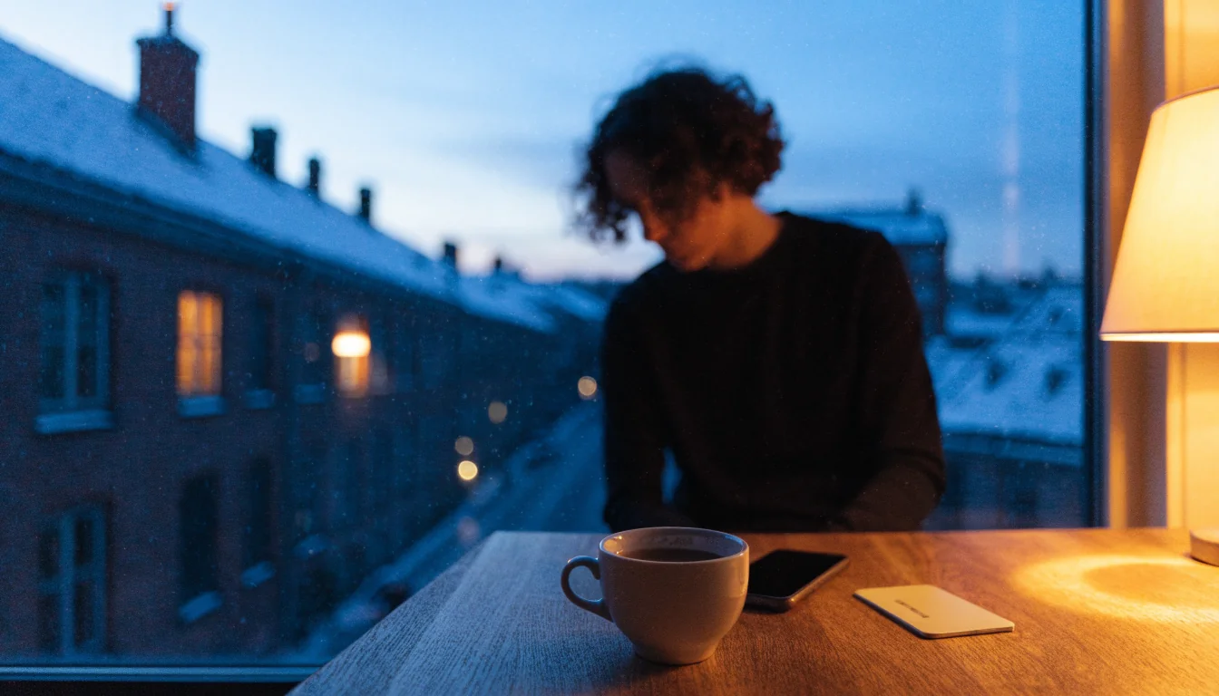 Kredittkort og telefon på bord i norsk vinterkveld