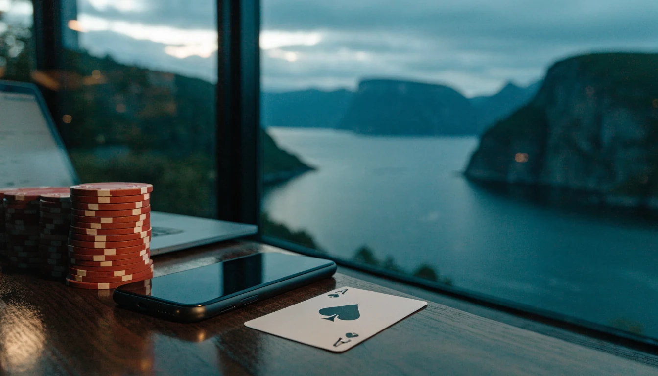 Mobiltelefon ved siden av casinobrikker og kort på bord, norsk fjord i bakgrunnen