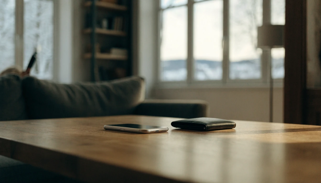 Smartphone og lommebok på et nordisk bord