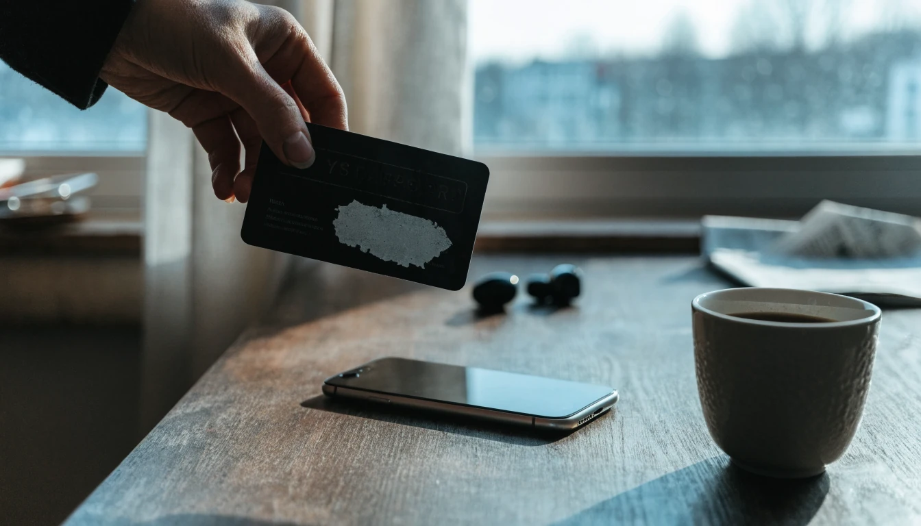 Prepaid-kort og telefon på skrivebord i dempet nordisk lys