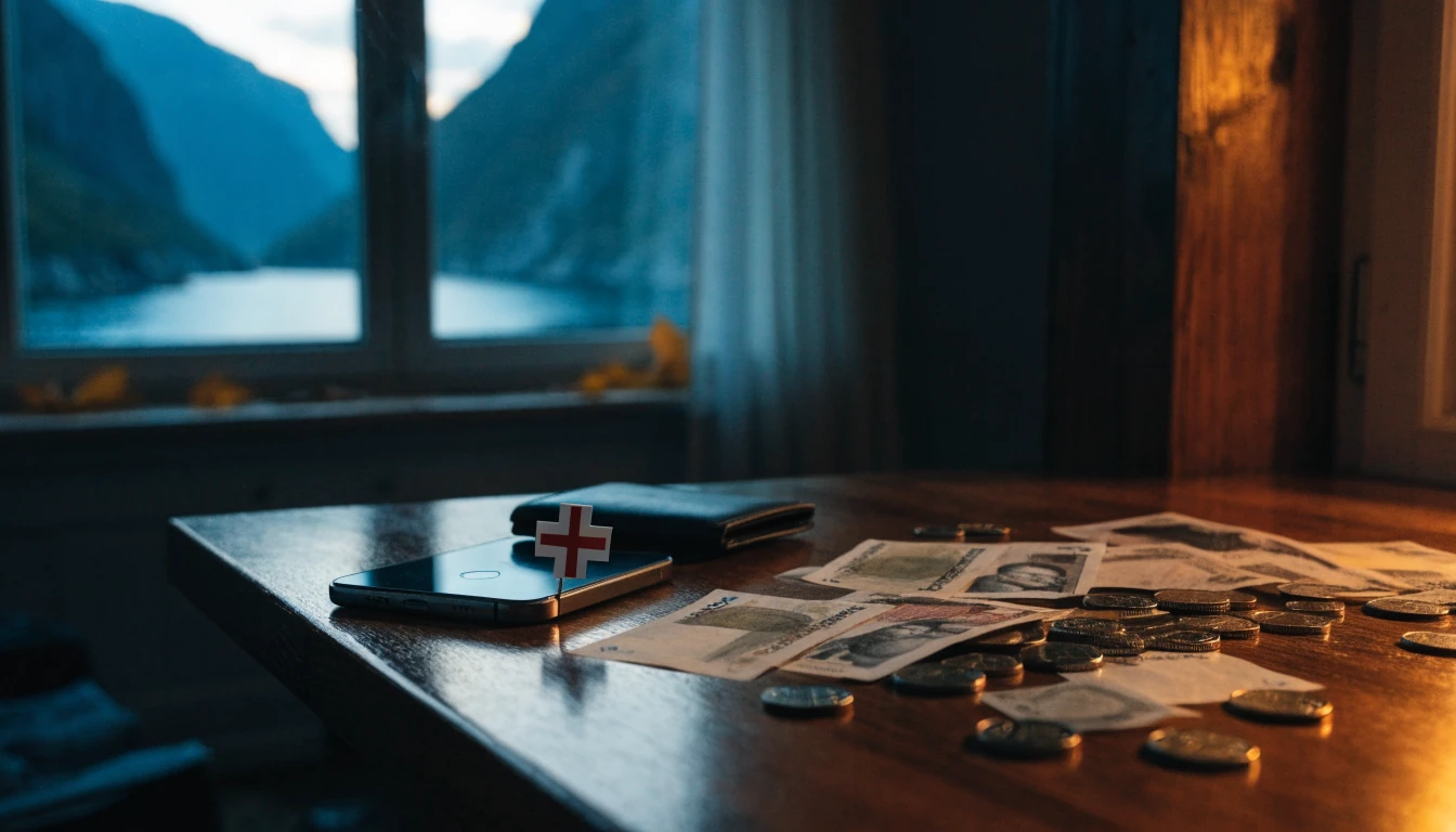 Norsk hytte med telefon, lommebok og kroner ved innsjøen