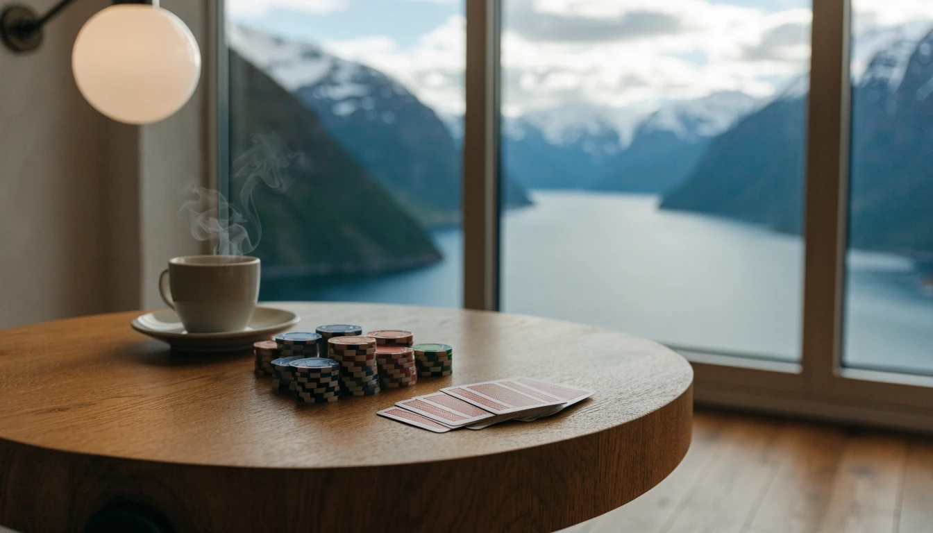 Varmt norsk interiør med casinobrikker, spillkort og kaffekopp på bordet, fjord i bakgrunnen
