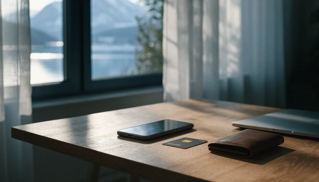 Norsk hjemmekontor med telefon, kort og lommebok for sikker Skrill-betaling