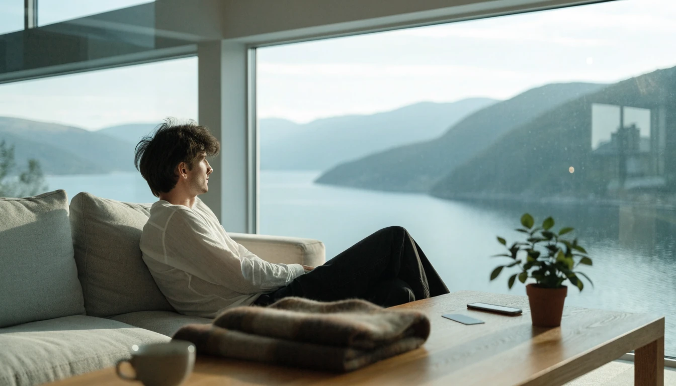 Norsk mann i lys moderne stue med fjordutsikt, telefon og bankkort på bordet