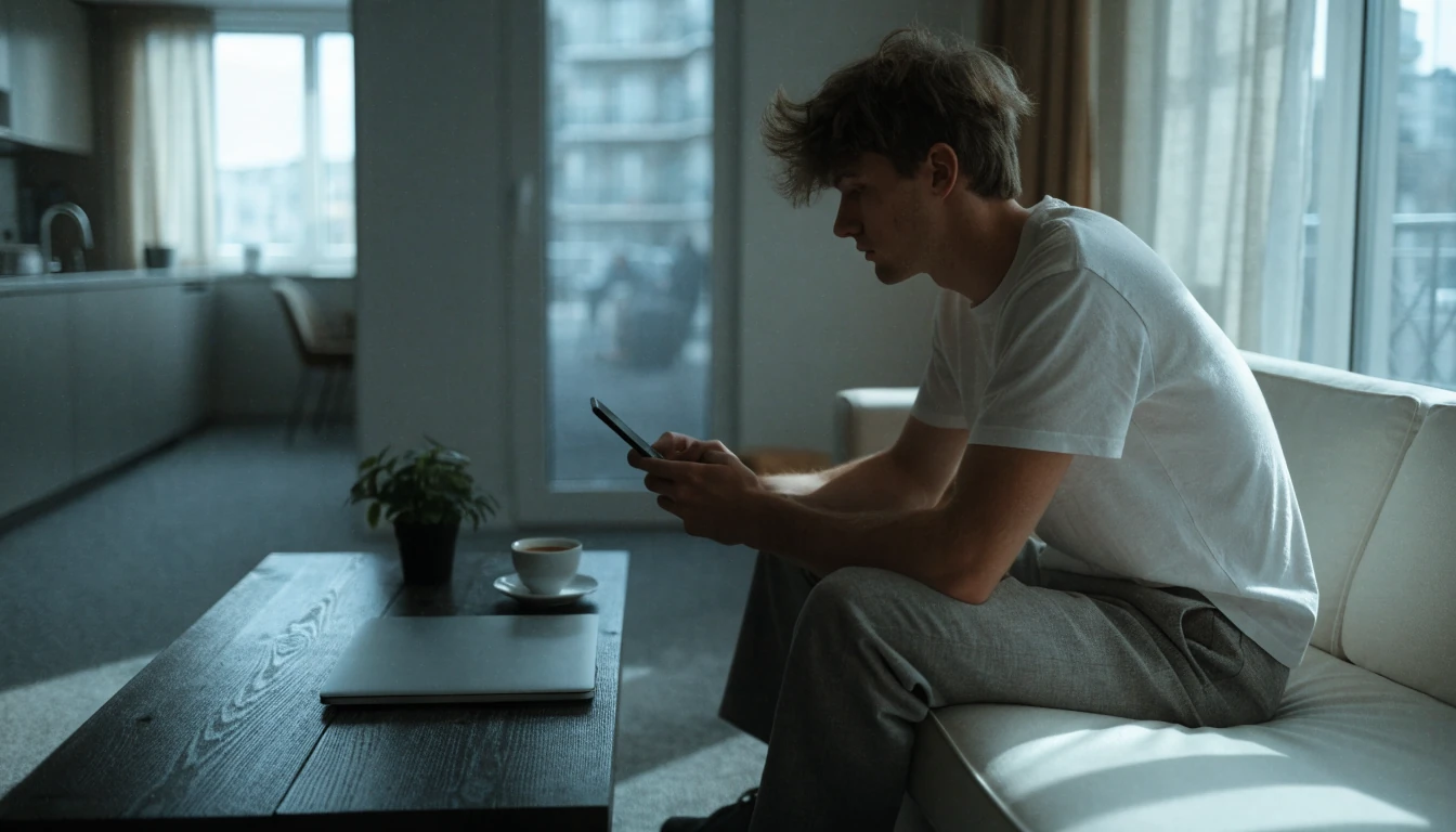 Mann i norsk stue venter med telefon mens uttak behandles