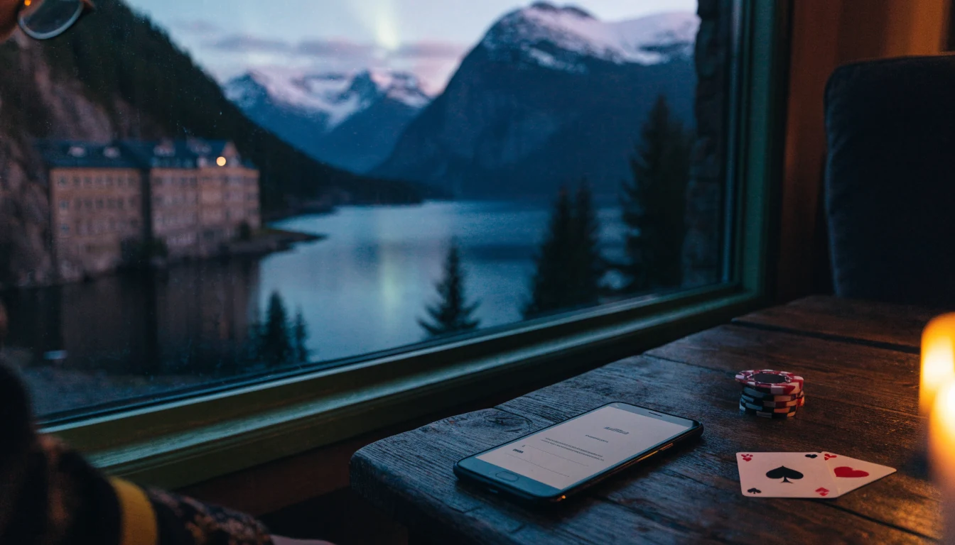 Smarttelefon med betalingsskjerm på trebord ved norsk fjord, casinojetonger og spillkort i forgrunnen