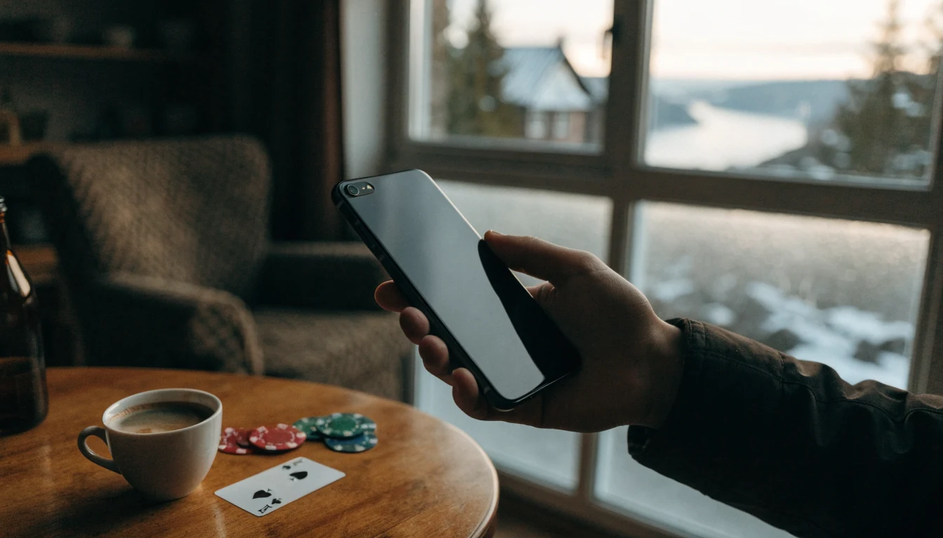 Hånd som holder en Android-telefon i et norsk hjem med fjordutsikt
