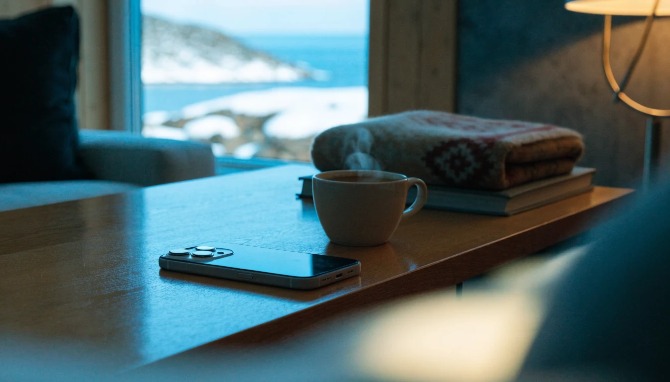 iPhone på et norsk sofabord ved en vinterkveld med snøfjord utenfor vinduet