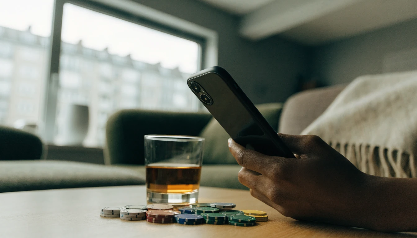 iPhone holdt over casinobrikker i en moderne norsk stue